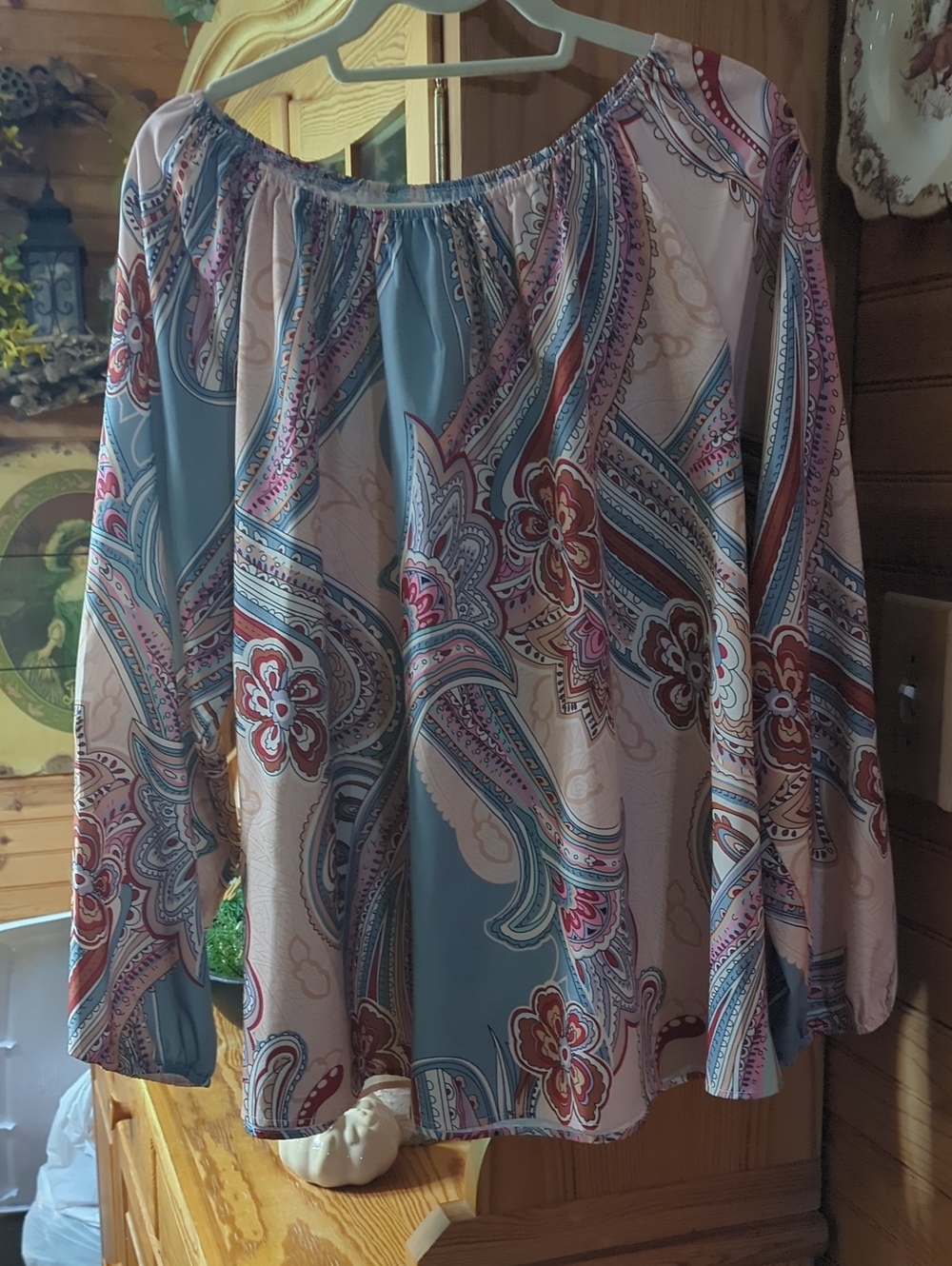 Paisley Off-Shoulder Blouse in Blue and Pink